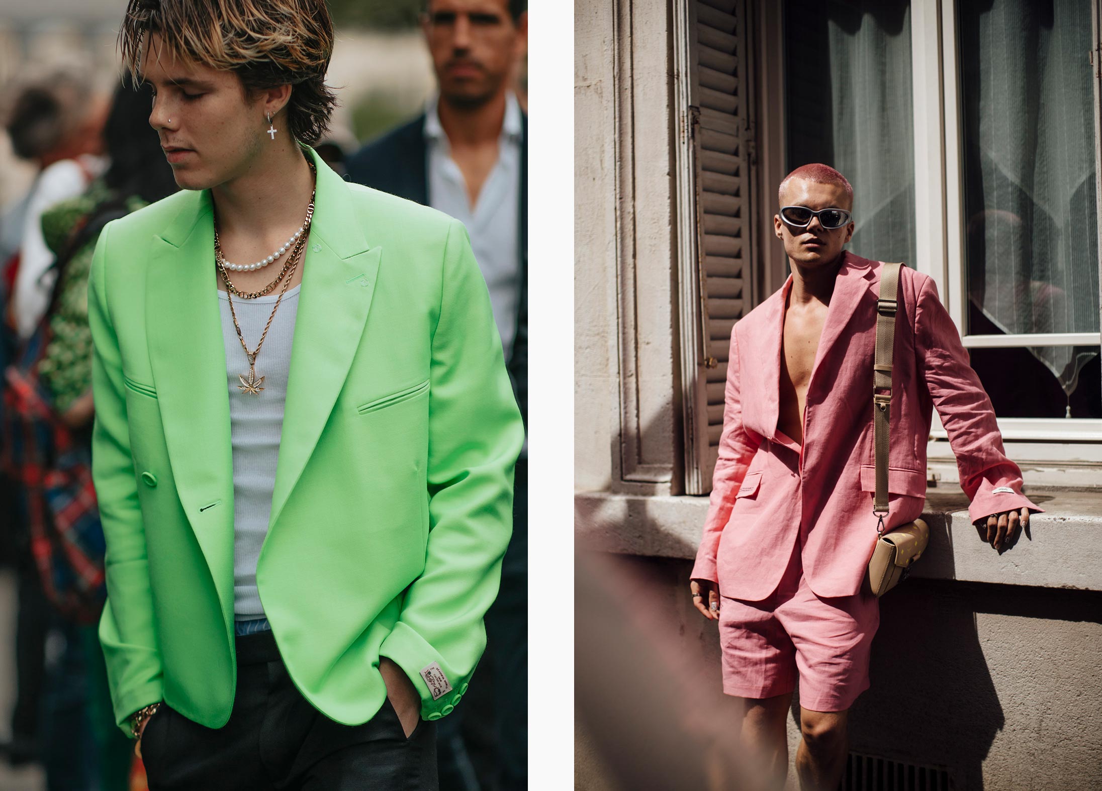 Men wearing clothes that fit the colour blocking trend
