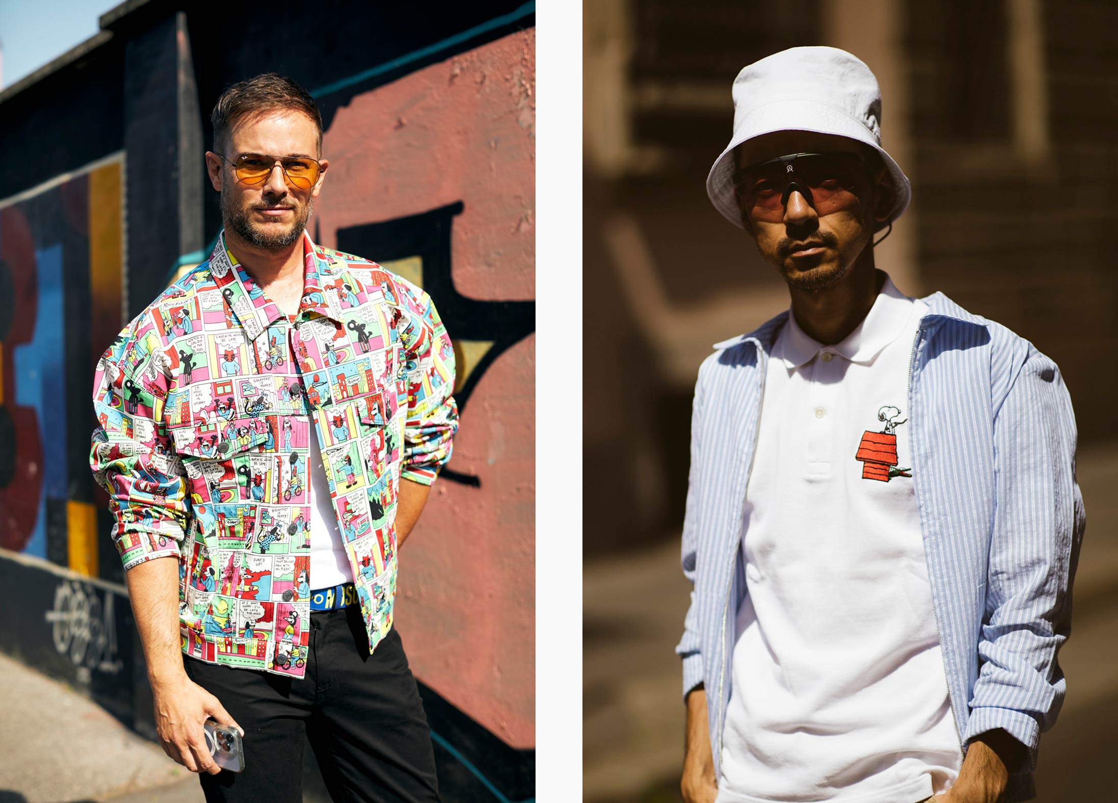 Men wearing clothes that fit the nostaligic childhood trend