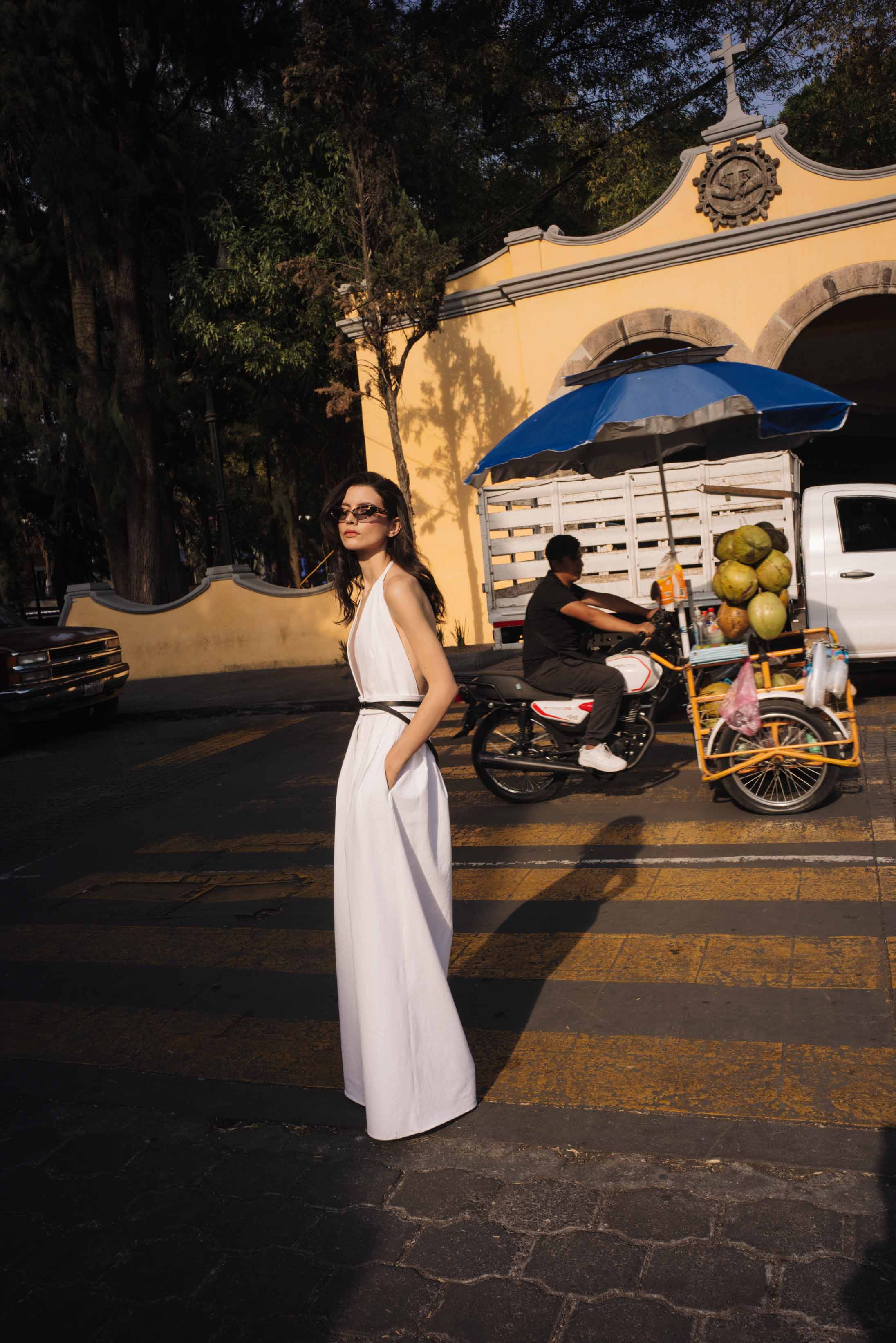 A model poses in Mexico City wearing Max Mara and Bottega Veneta
