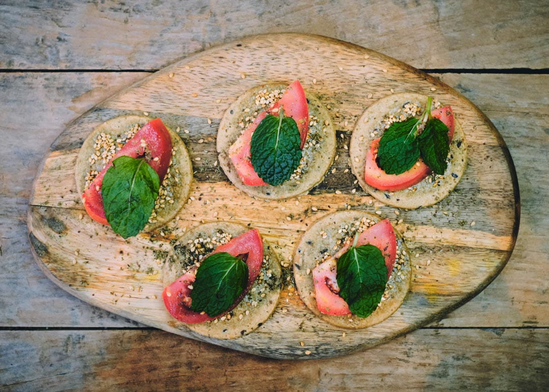 A board of xa’atar cracker canapés from MANA! Hong Kong
