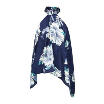 Shanghai Tang Mandarin Collar Marshmallow Flower Print Irregular Hem Sleeveless Silk Flower Lo Top