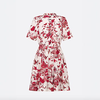 Christian Dior Belted Shirt Dress in White Cotton and Silk Poplin with Red Toile de Jouy Mexico Motif