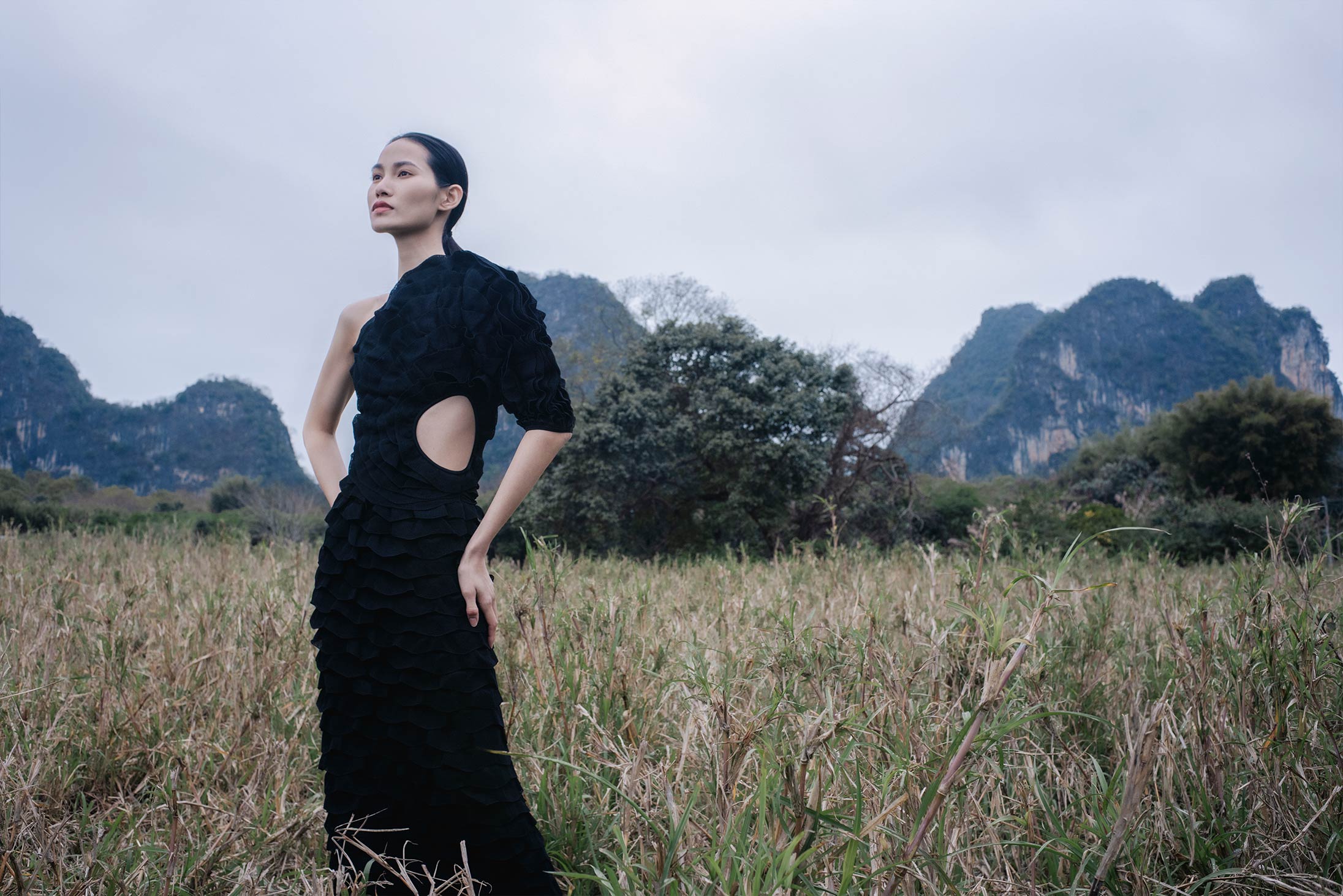 A model poses in Chloé in the Chinese countryside