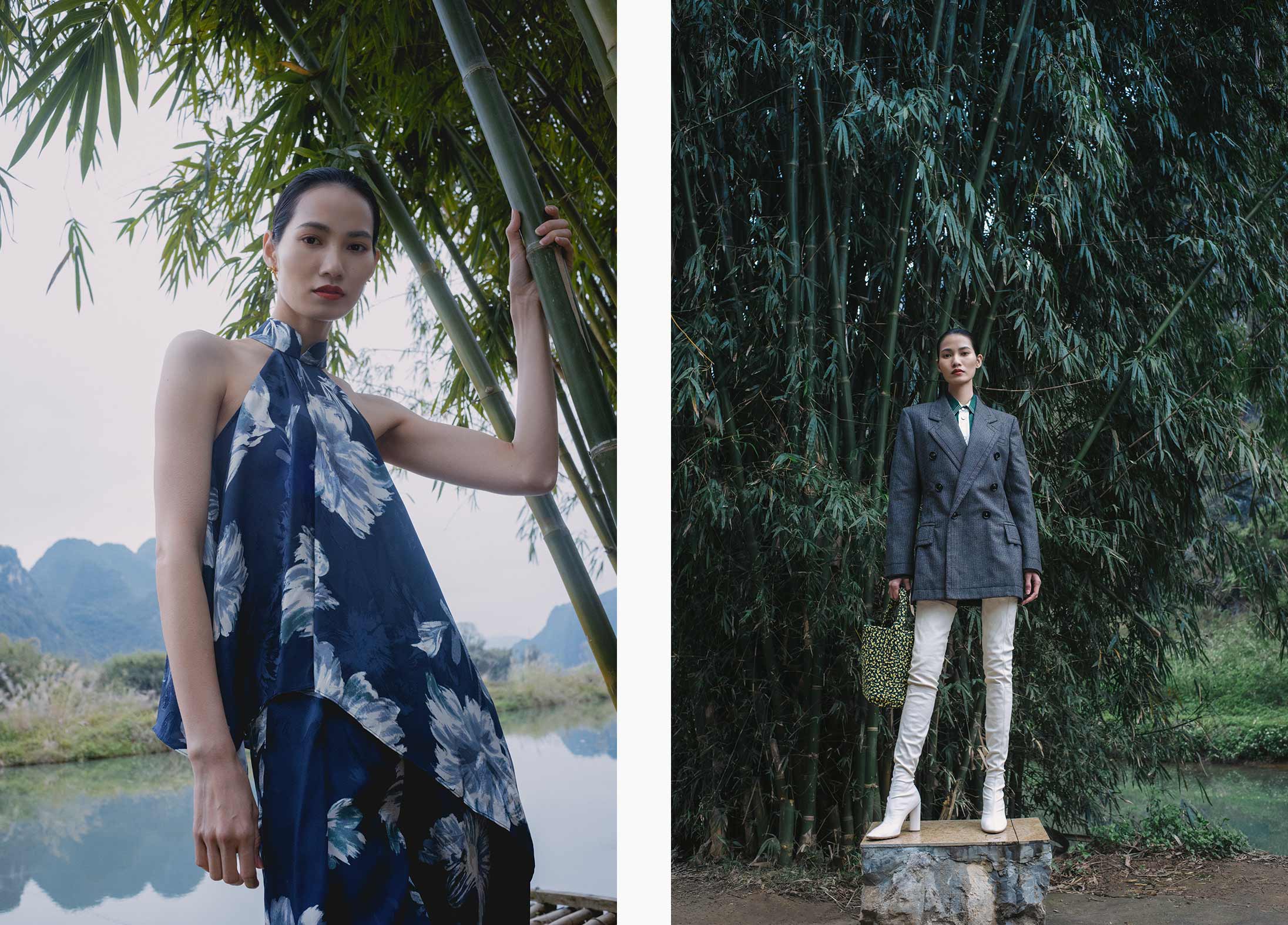 A model poses in Shanghai Tang Fendi  and Bottega Veneta in the Chinese countryside