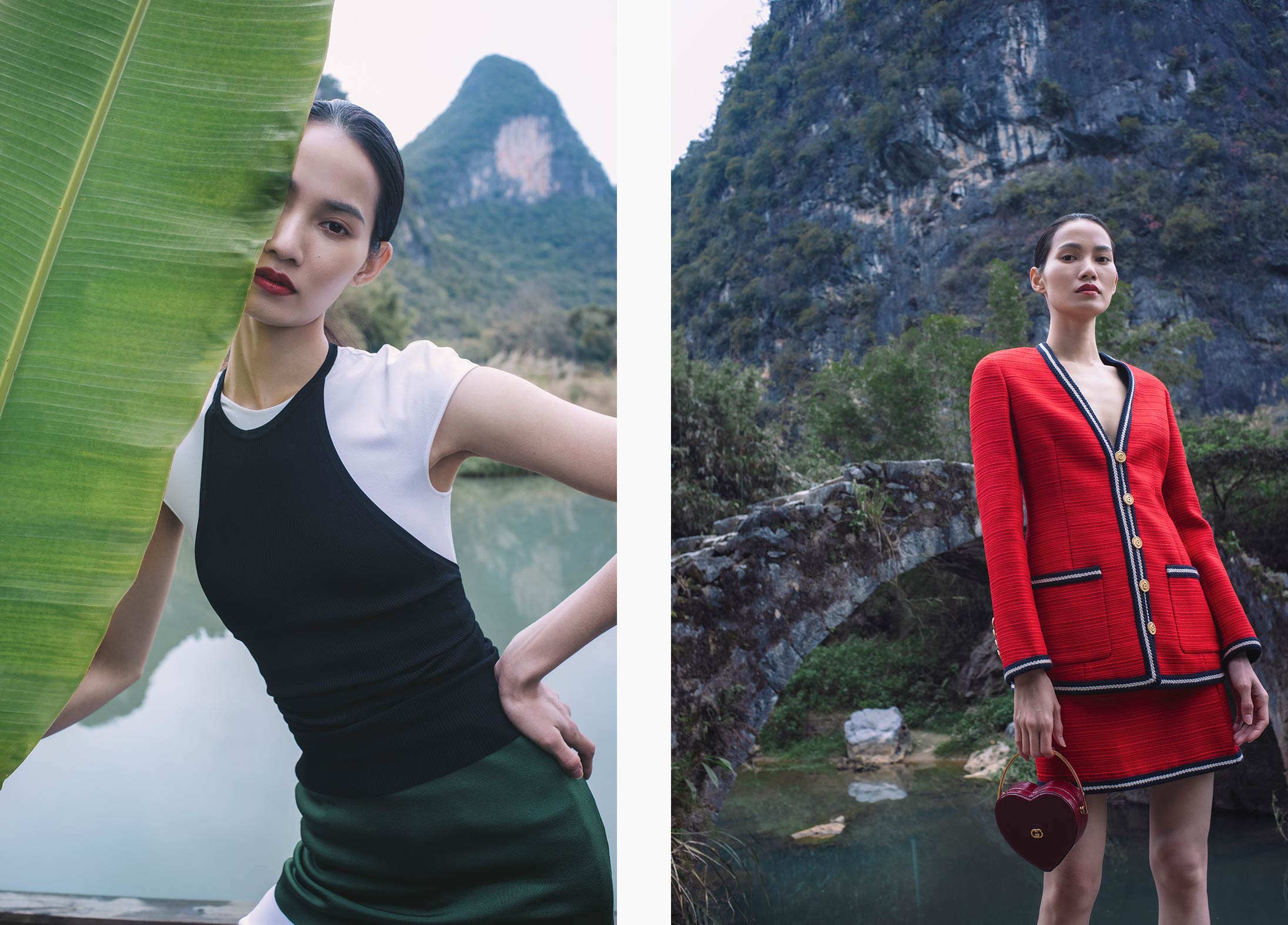 A model poses in Ferragamo and Gucci in the Chinese countryside