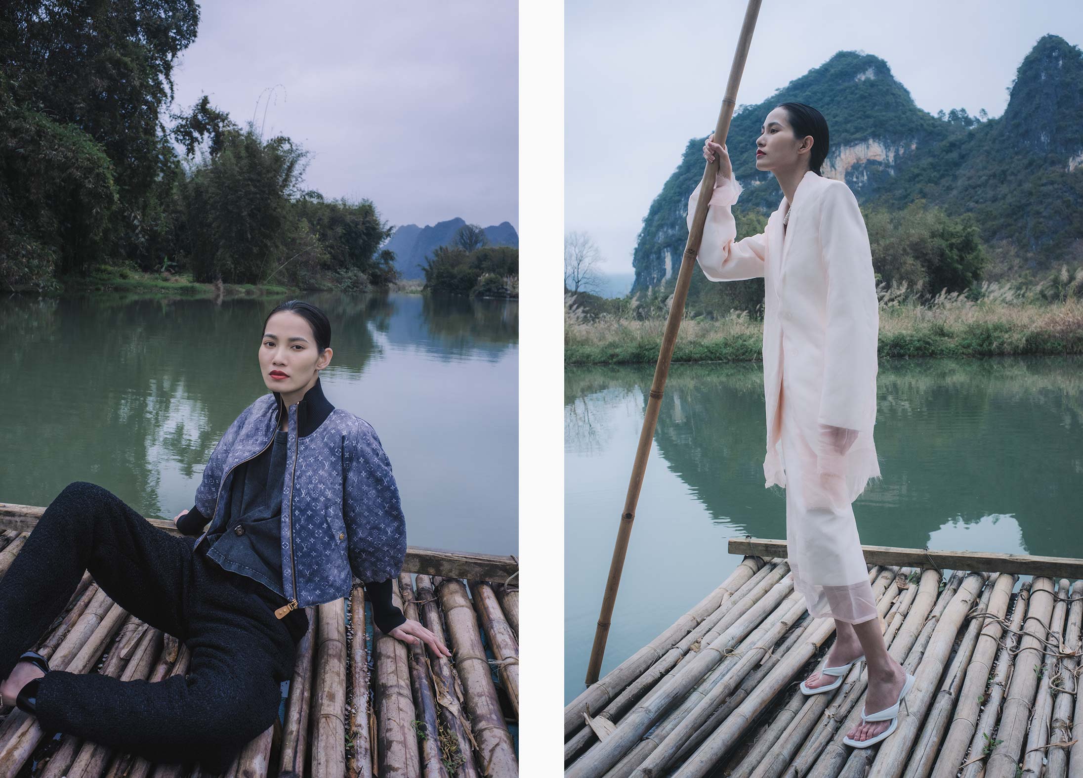 A model poses in Louis Vuitton, Ferragamo, Sportmax and Bottega Veneta in the Chinese countryside