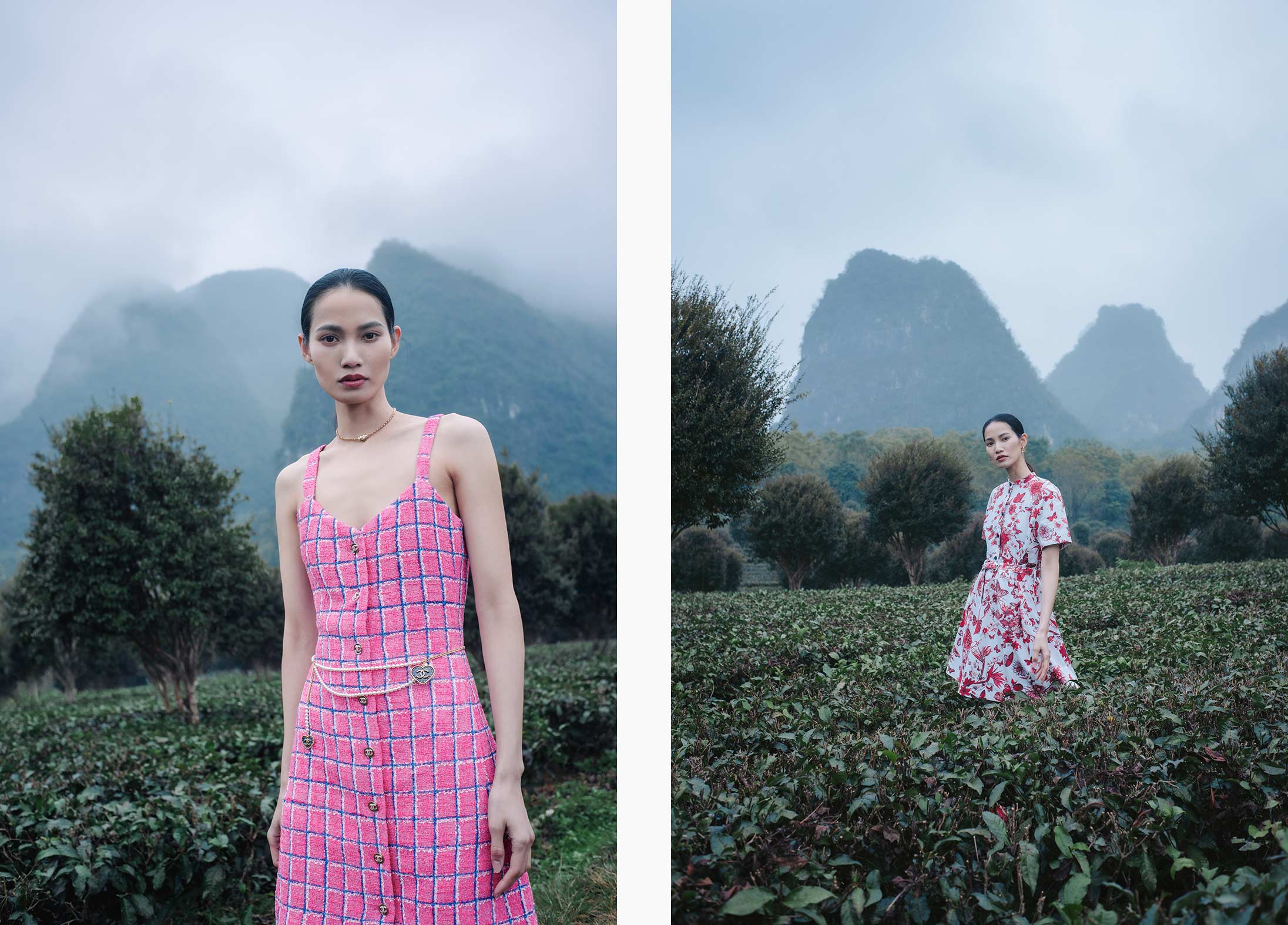 A model poses in Chanel and Dior in the Chinese countryside