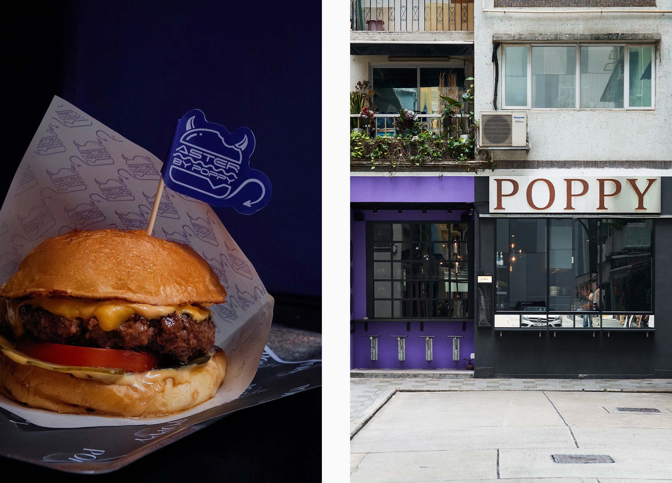 A gourmet hamburger at Aster & Poppy