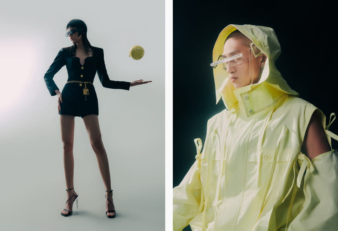 Models pose in Versace, Chanel, Marine Serre, Louis Vuitton and Balenciaga