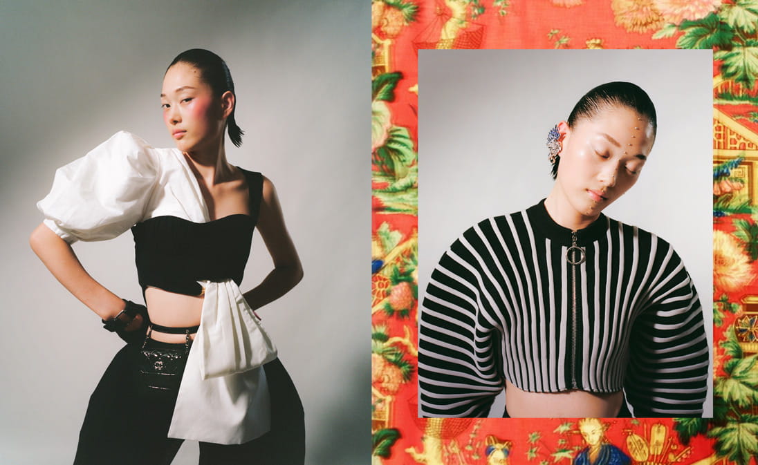 Left: A model poses in front of a white wall in a monochrome look. Right: A model poses in a full Louis Vuitton look