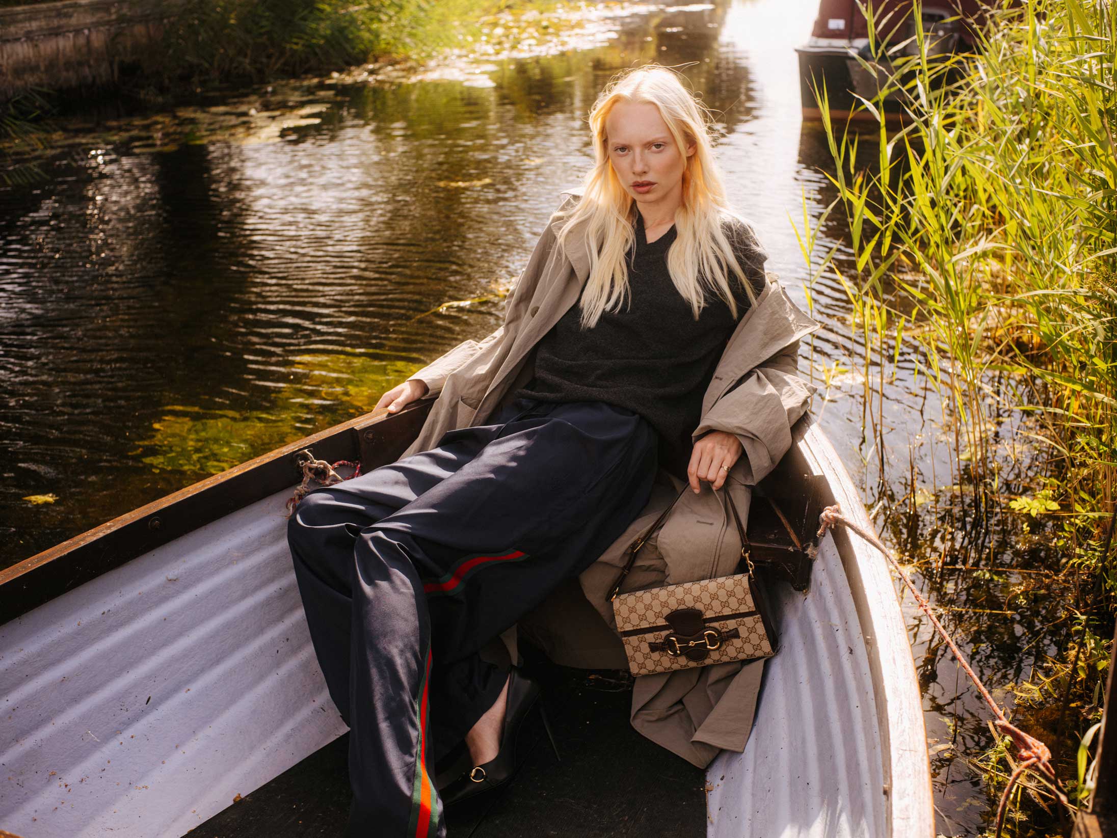 A model poses in Norfolk wearing Gucci