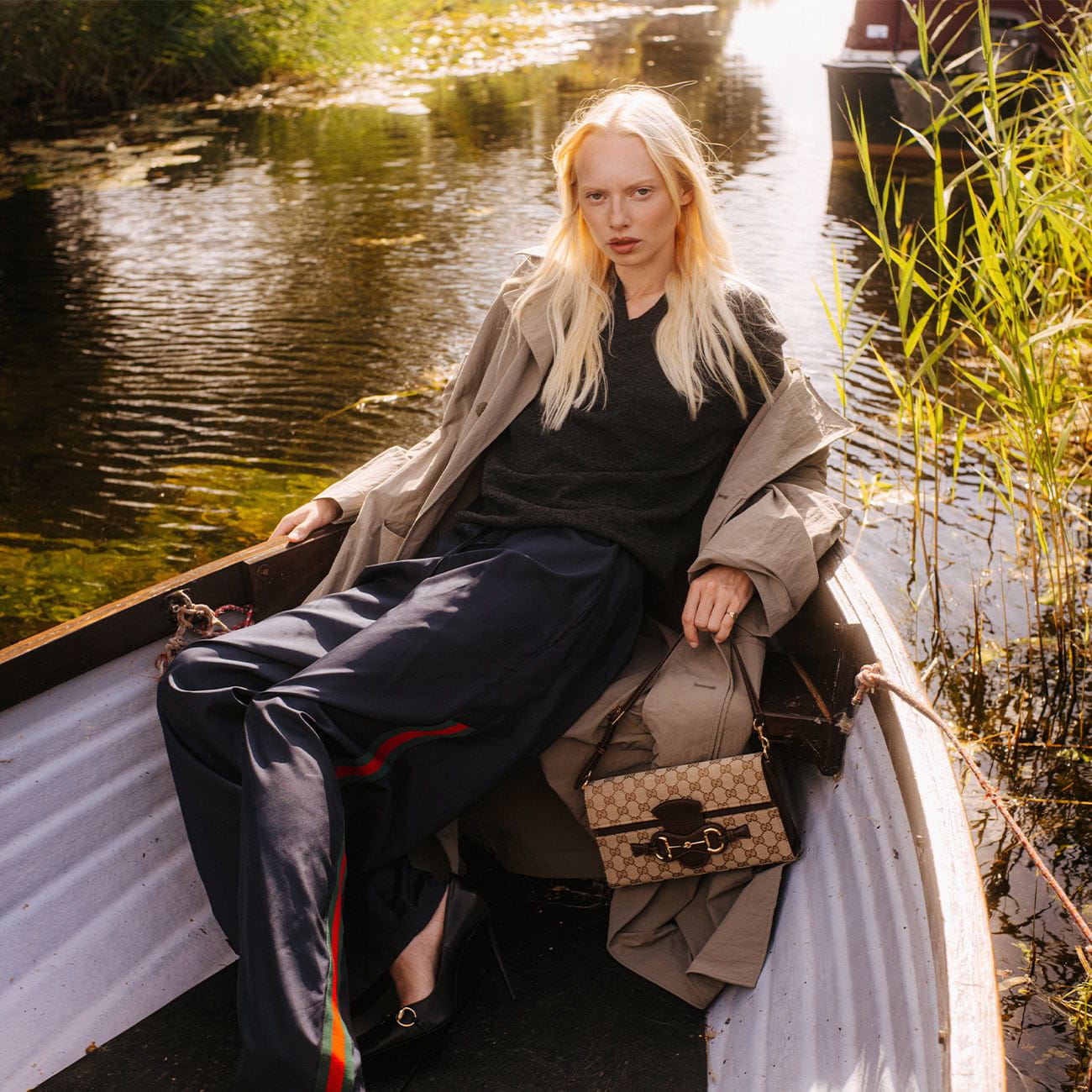 A model poses in Norfolk wearing Gucci