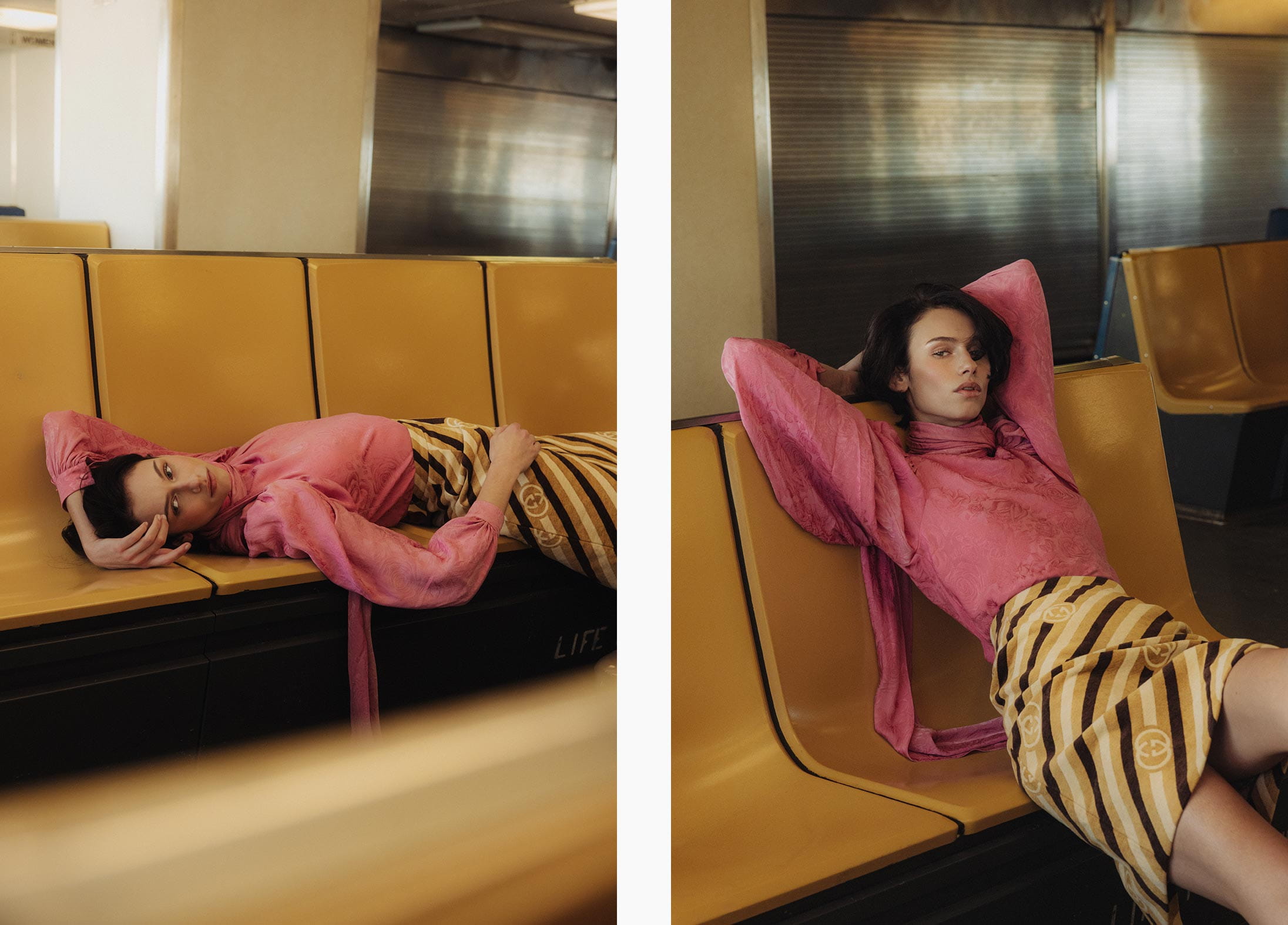 A model poses on the Staten Island Ferry in Gucci