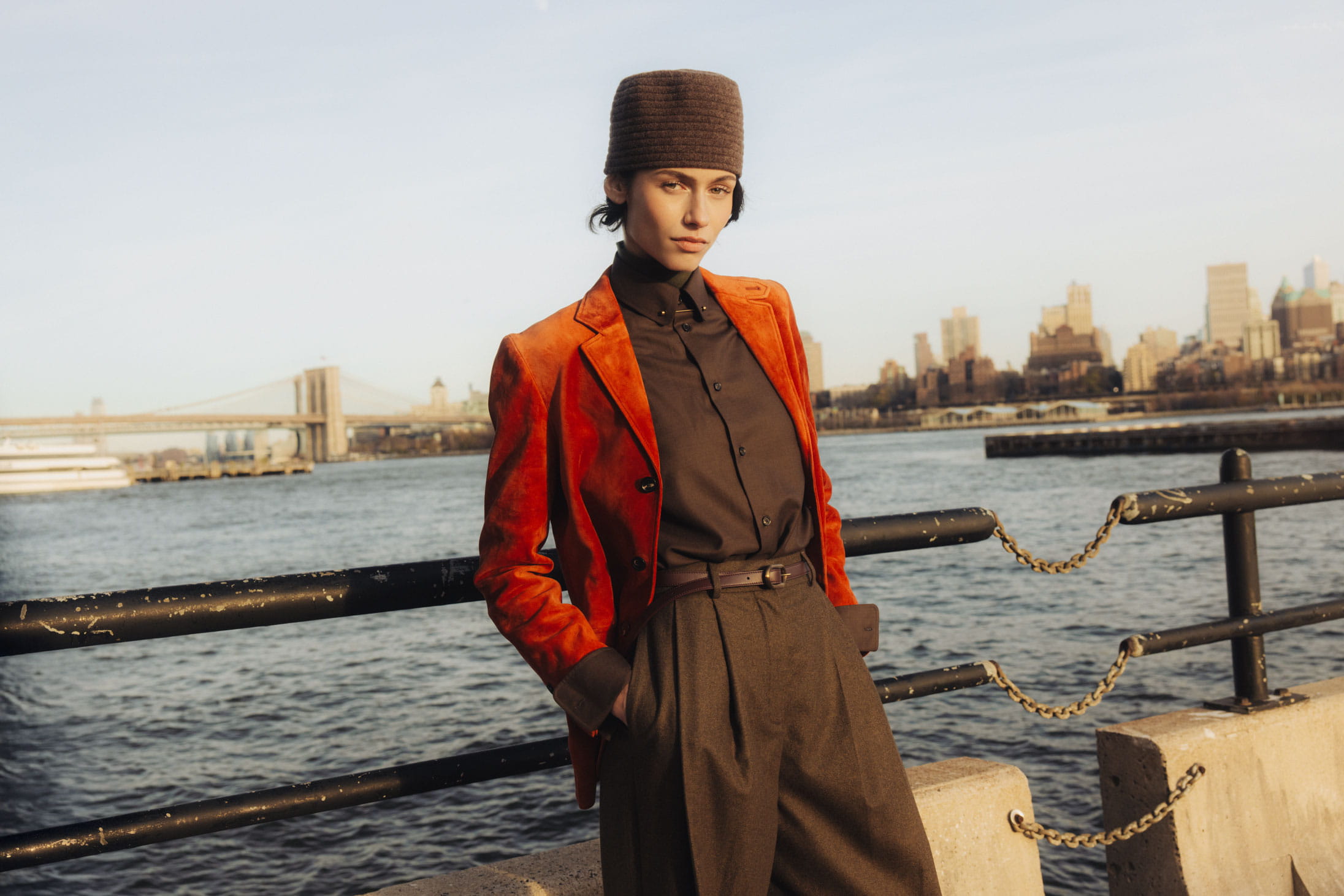 A model poses on the Staten Island Ferry in Loro Piana