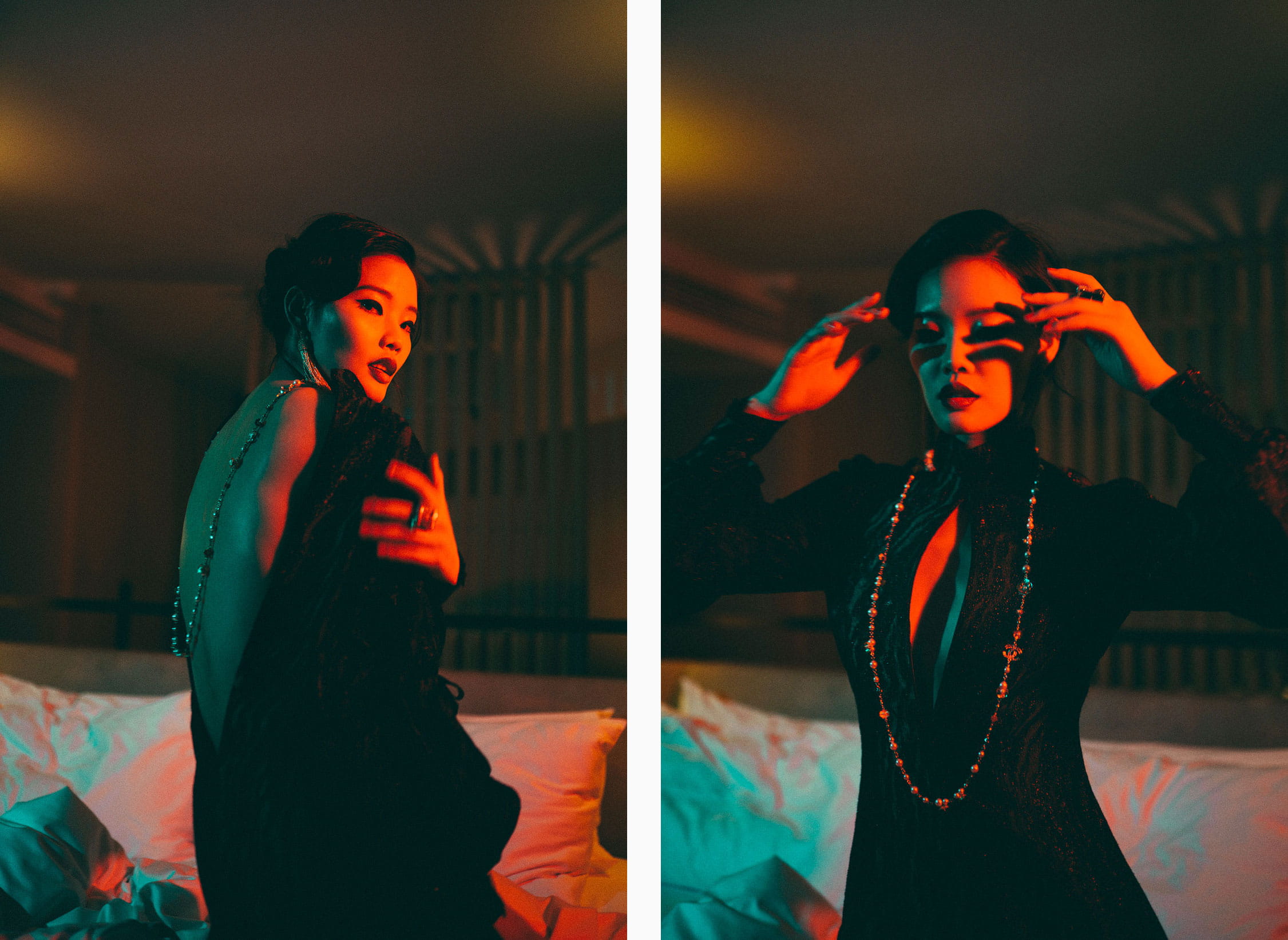 A model poses in a richly textured black and green gown