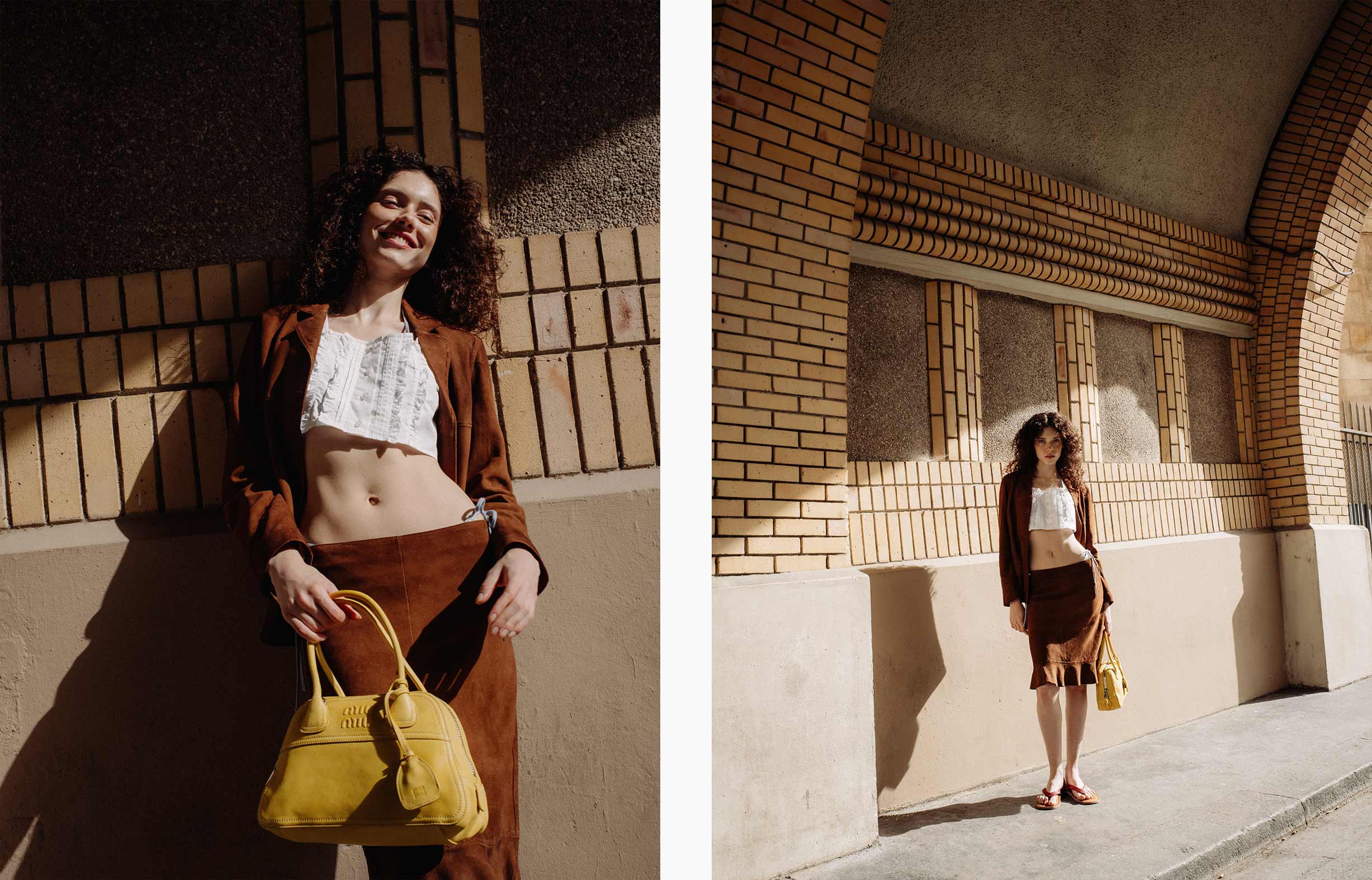 A model poses in Paris wearing Miu Miu