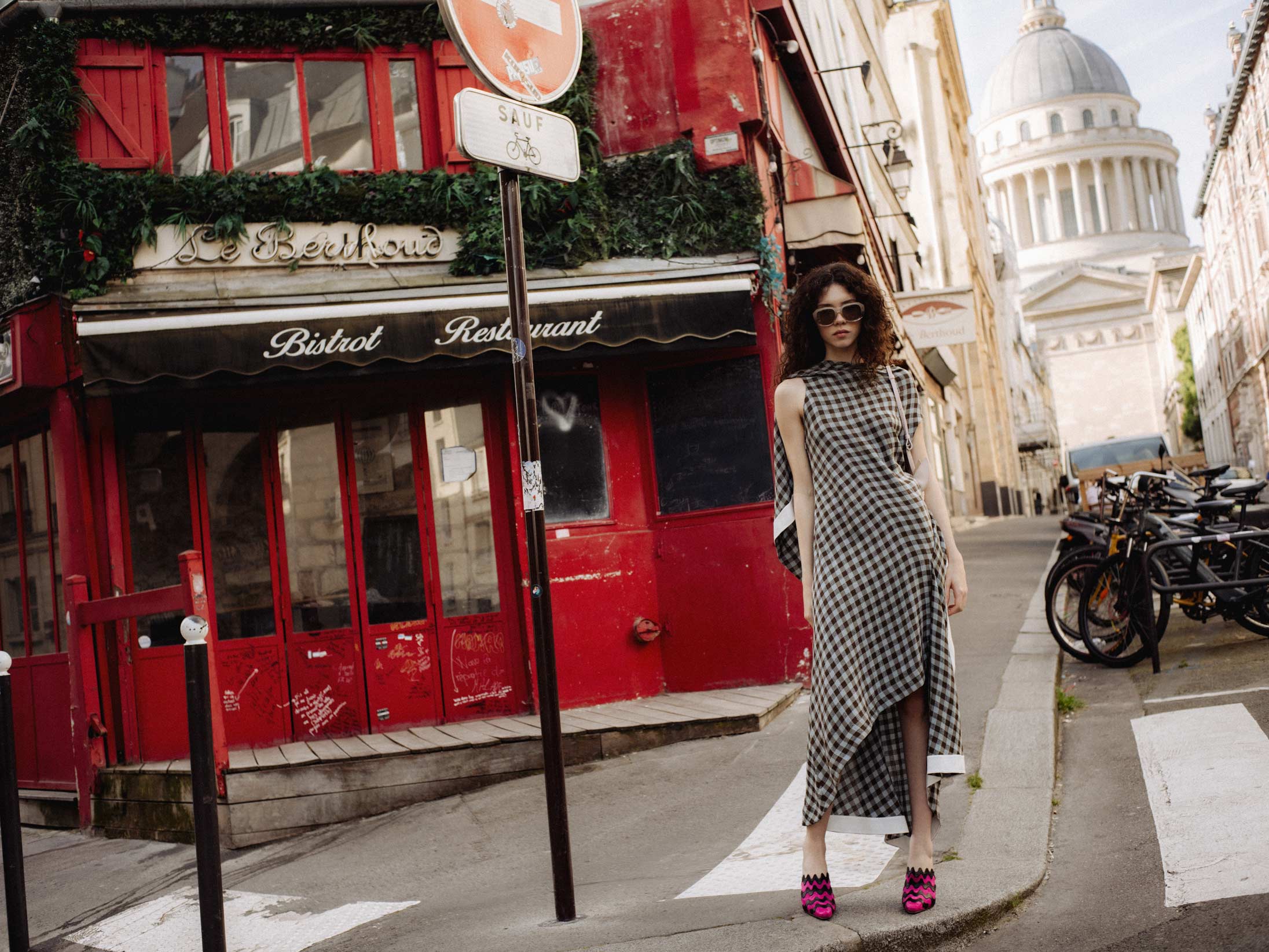 A model poses in Paris wearing LOEWE