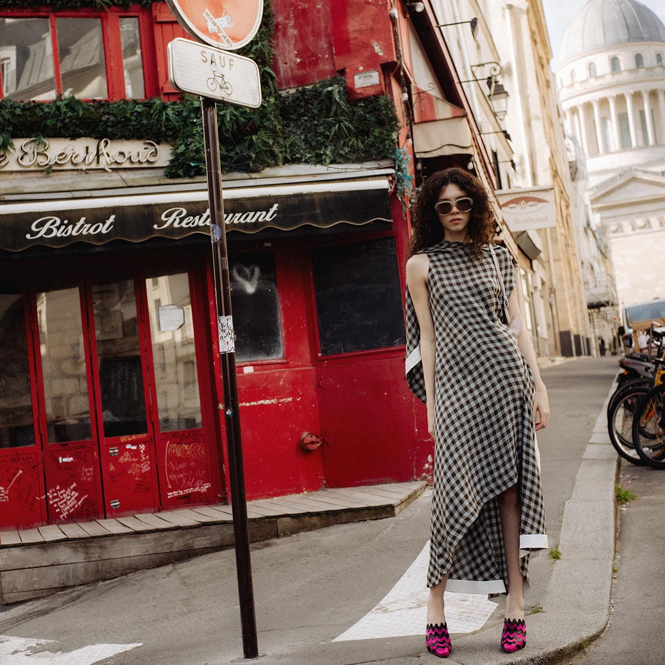 A model poses in Paris wearing LOEWE