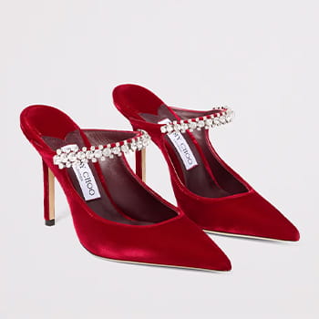 Jimmy Choo Bing 100 Ruby Red Velvet Mules with Crystal Embellishment
