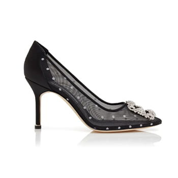 Manolo Blahnik Hangisi 90 Black and White Mesh Jewel Buckle Pumps