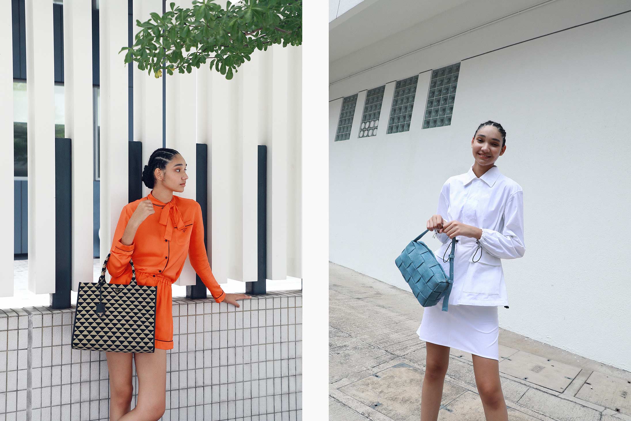 Models pose in Prada and Bottega Veneta available at Pacific Place