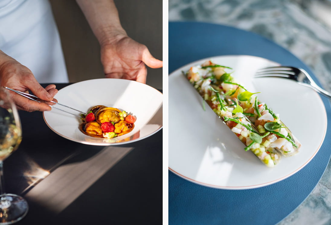 Langoustine ravioli and razor clam ceviche at Salisterra, The Upper House