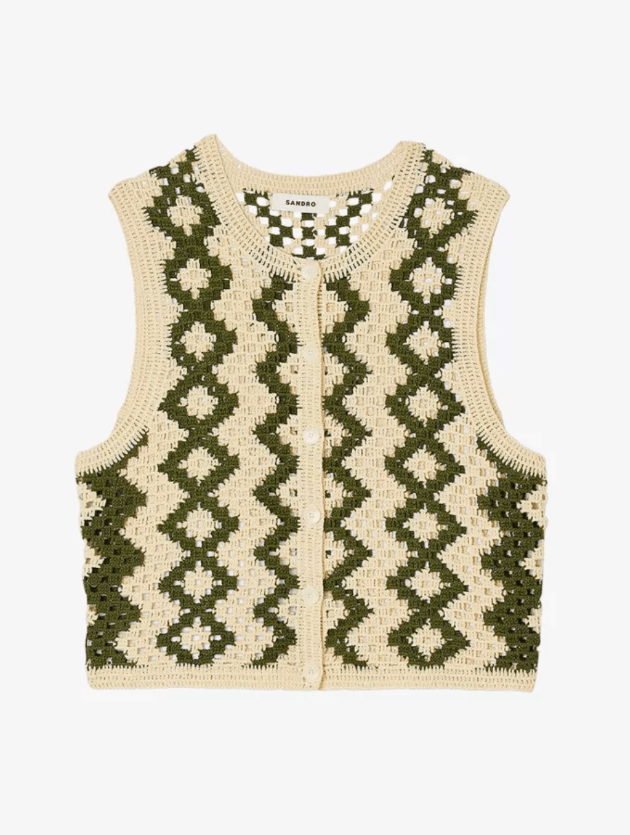 Sandro Zig-Zag Weave Crochet Knit Cardigan