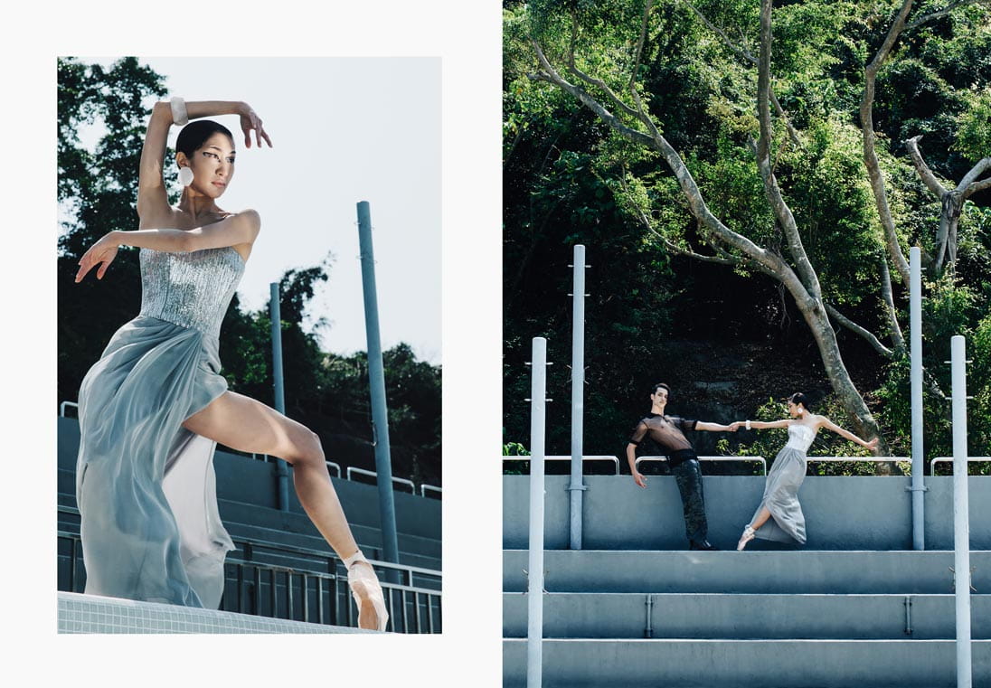 A female model strikes a pose in a silver Emporio Armani gown 