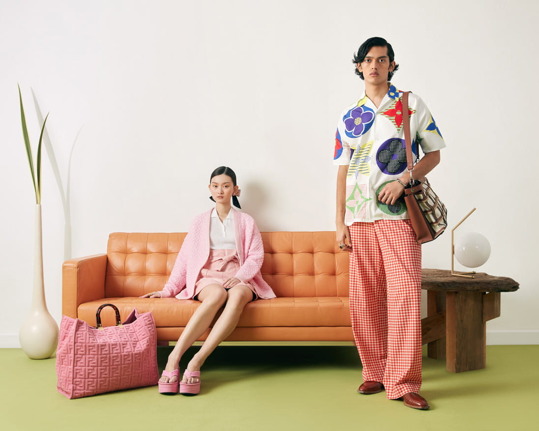 Models wear Loro Piana, Fendi, Salvatore Ferragamo, Dior, Louis Vuitton, Burberry and Hermès