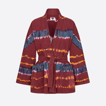 Dior Belted Palto Jacket in Burgundy Cotton Denim with Tie & Dior Motif