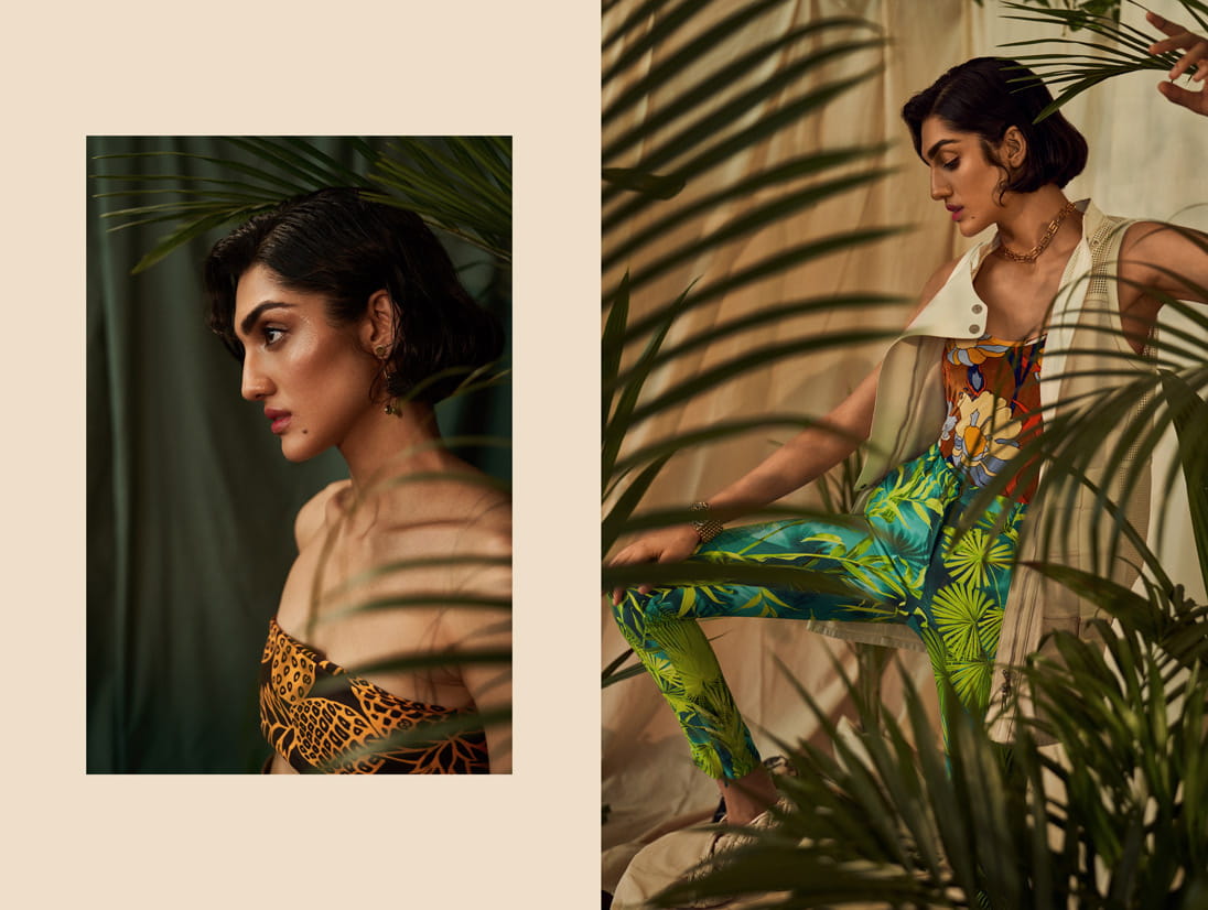 Left: A model poses in Gucci, COS and CELINE. Right: A model poses in Fendi, Bottega Veneta, Hermes, Versace and Chanel
