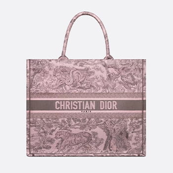 DIOR Large Dior Book Tote in Pink and Gray Toile de Jouy Sauvage Embroidery