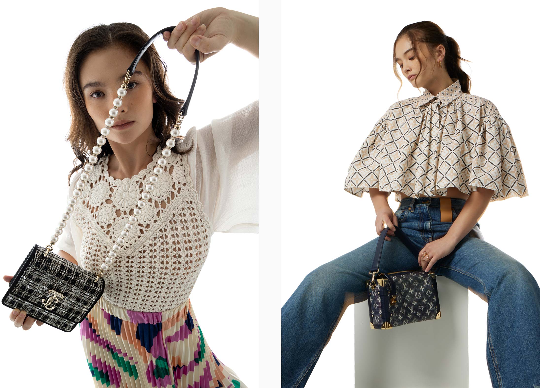 A model poses in ba&sh, Jimmy Choo and Louis Vuitton