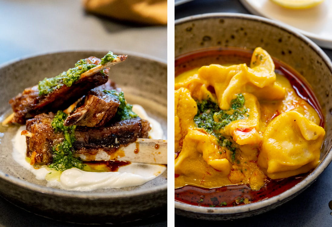 Lamb ribs with orange, yogurt and coriander. Right: Manti dumplings with feta, spinach, yogurt and brown butter