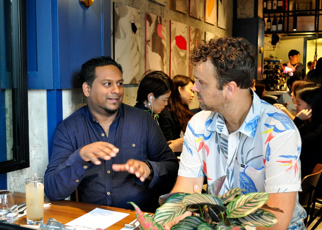 Jeffrey Andrews (left) interviews charity founder Jeff Rotmeyer