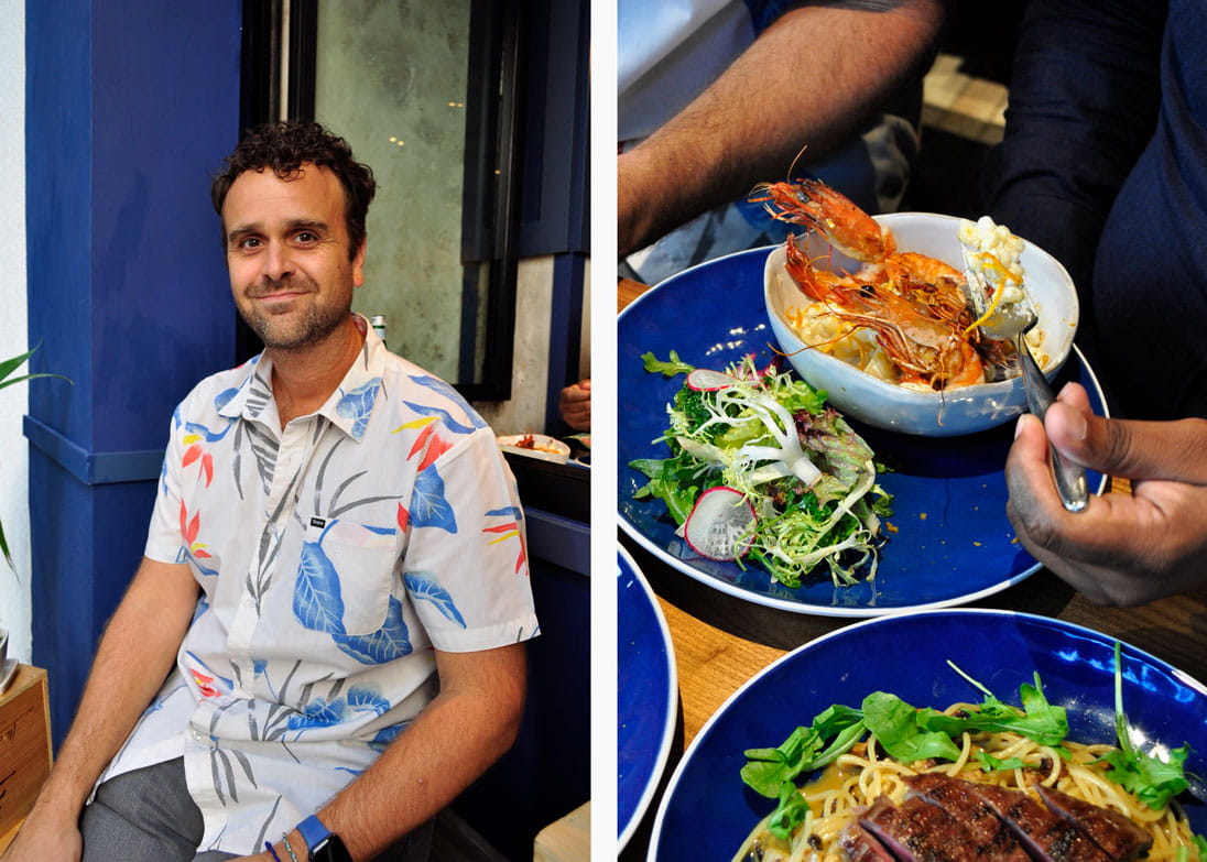 Jeff Rotmeyer and a photo of US Hormone-free Flank Steak, Roasted Cauliflower, Rocket, Carbonara (bottom) and Seared Prawn Macaroni 