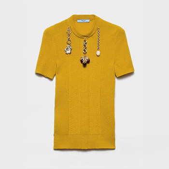 Prada Short-Sleeved Wool Knit Sweater with Pendants 