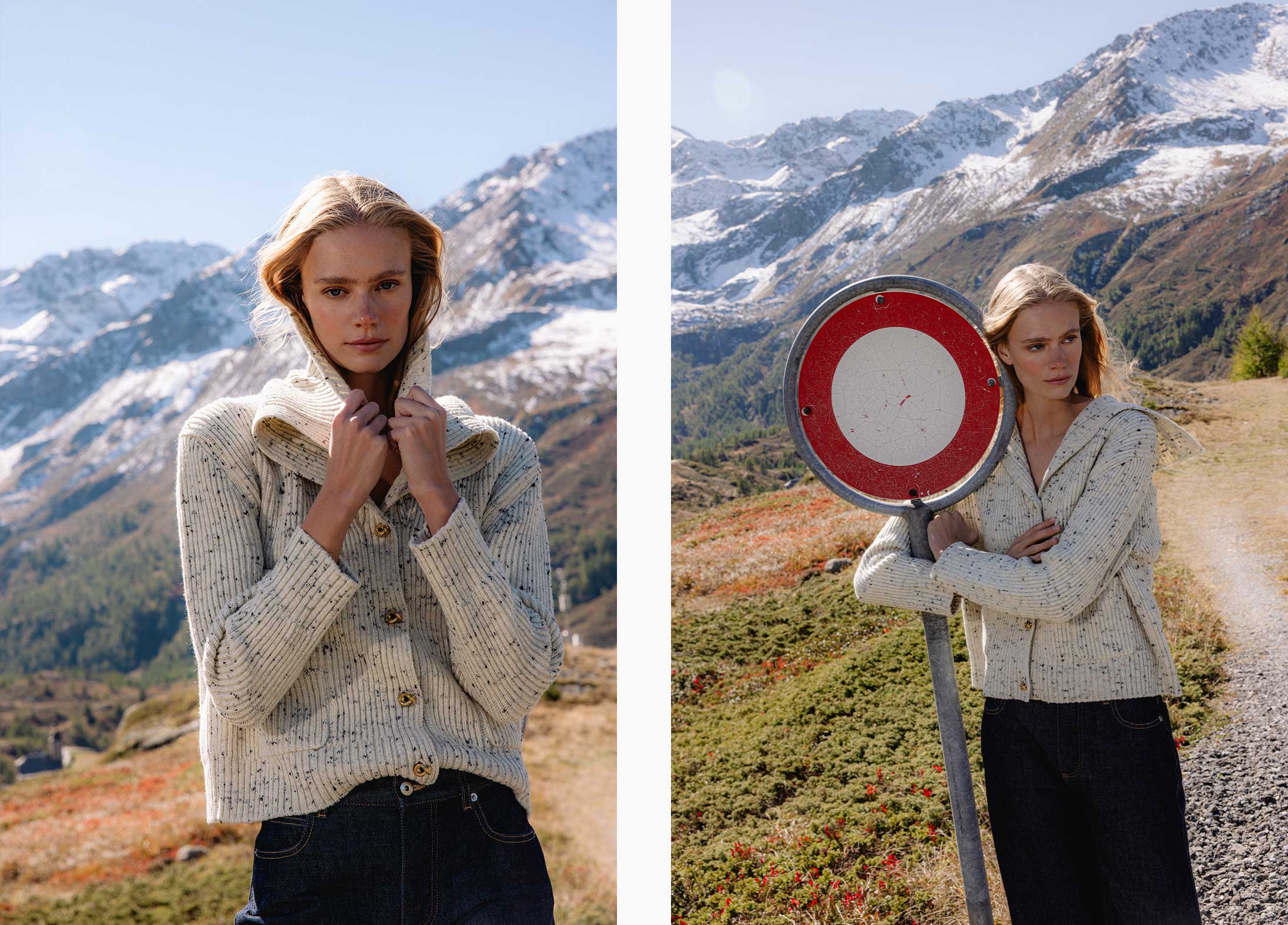 A model poses in the Swiss Alps wearing Bottega Veneta