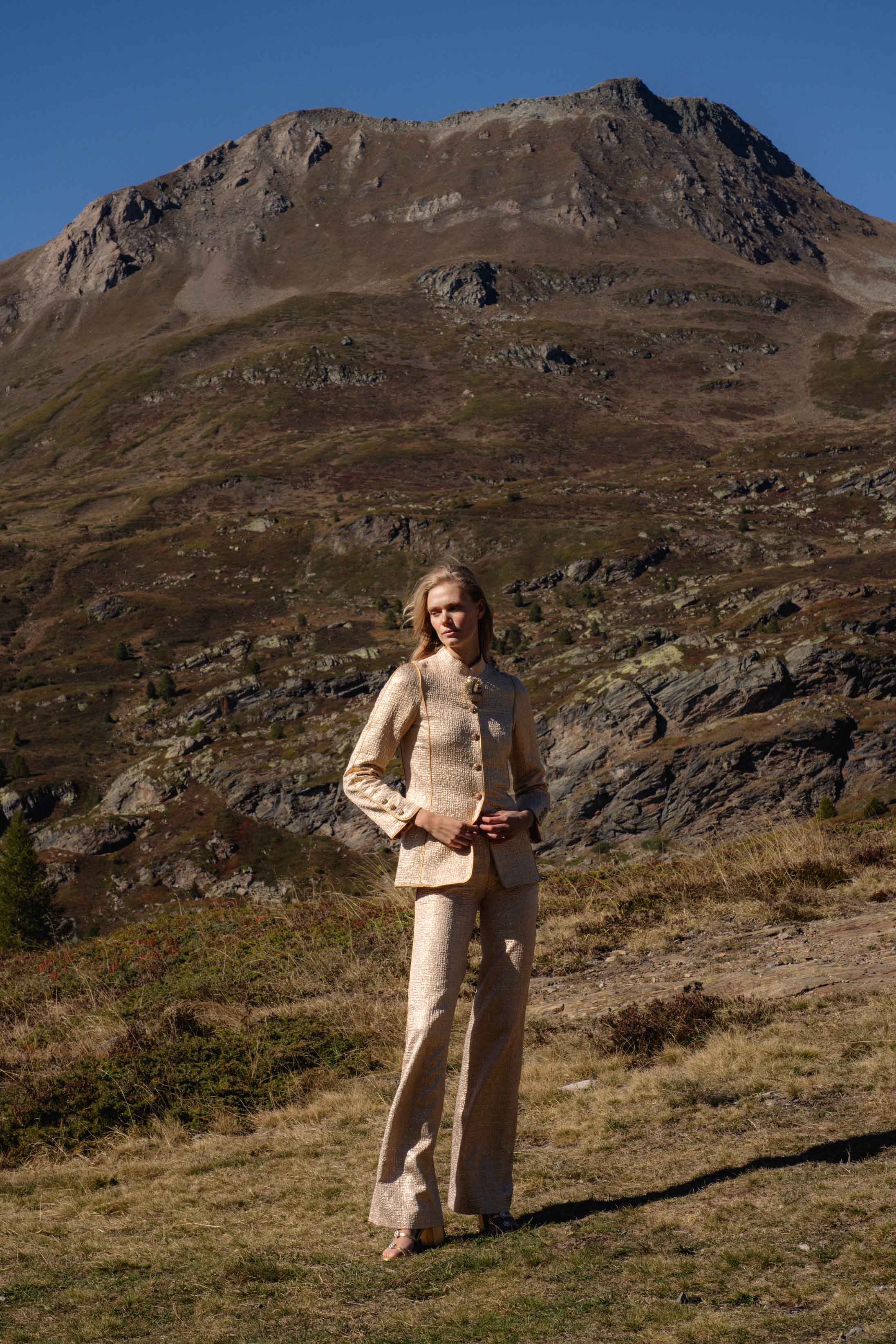A model poses in the Swiss Alps wearing Chanel