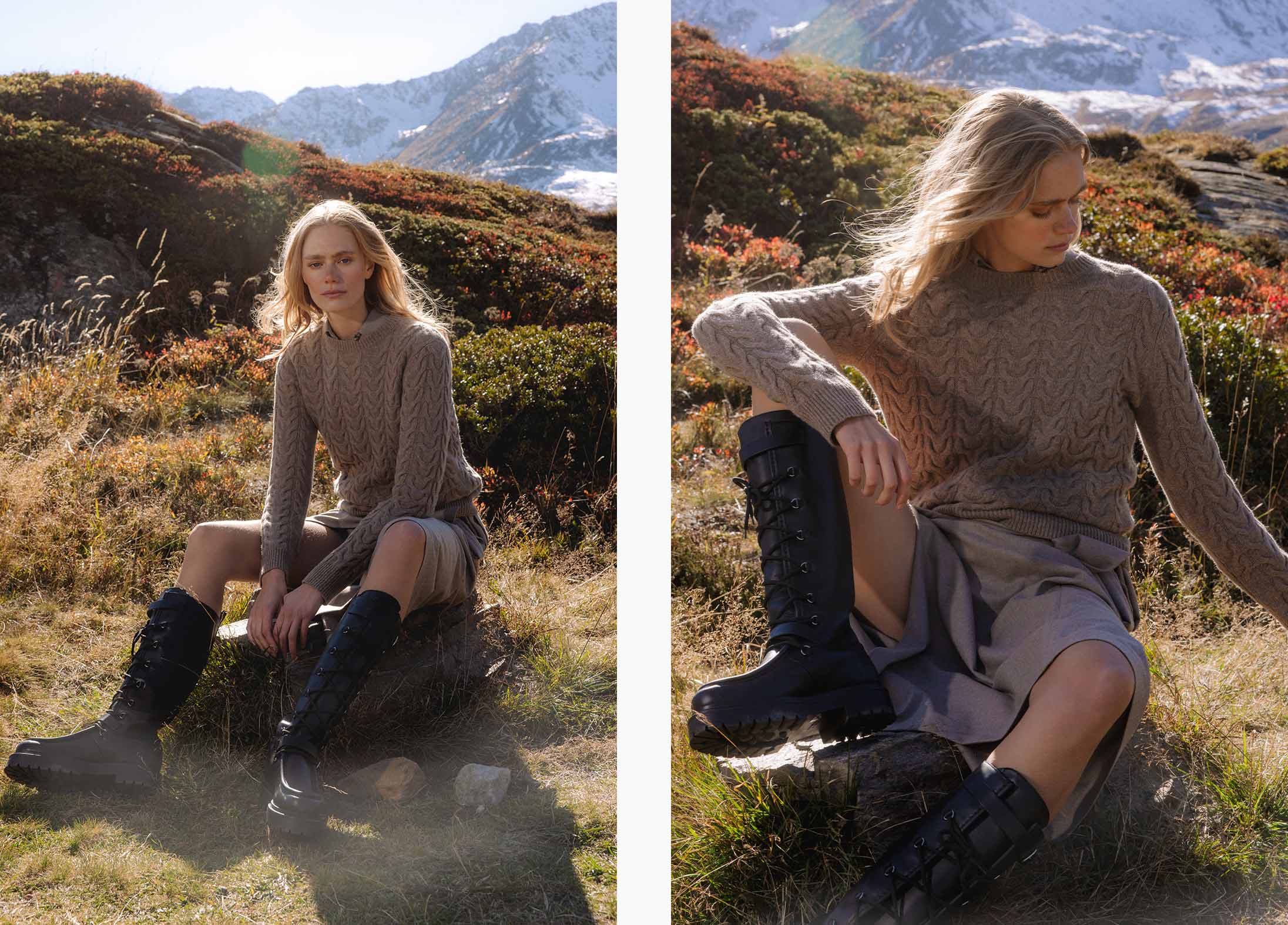 A model poses in the Swiss Alps wearing Max Mara
