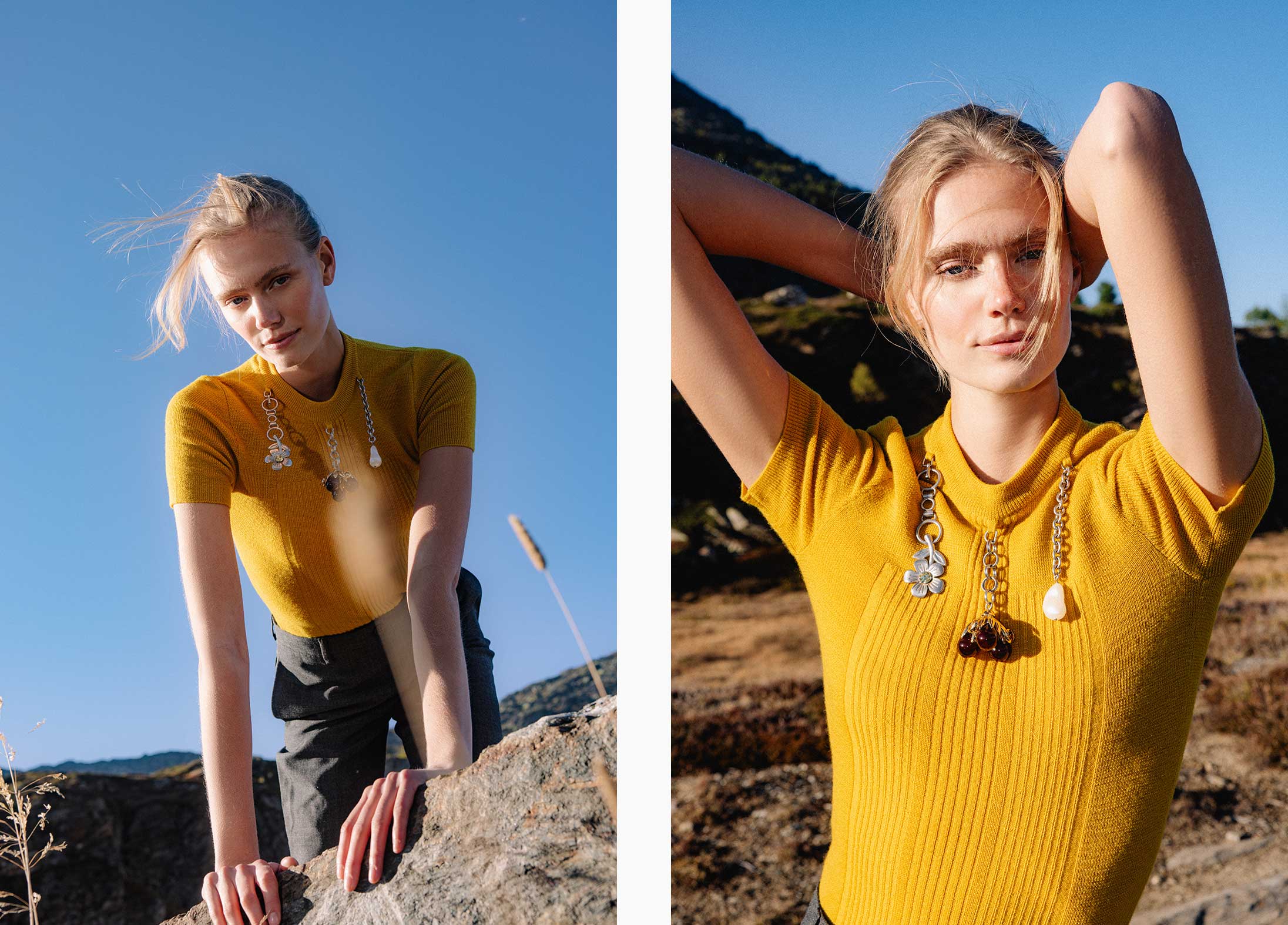 A model poses in the Swiss Alps wearing Prada