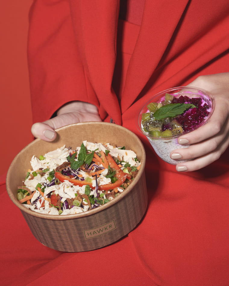 Zara Buttoned Blazer, Side Vent Trousers  and Knit Top from Zara, Vietnamese Chicken Salad and Sabja and Chia Pot from HAWKR