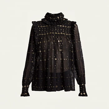 Saint Laurent Smocked Sheer High Neck Embroidered Blouse