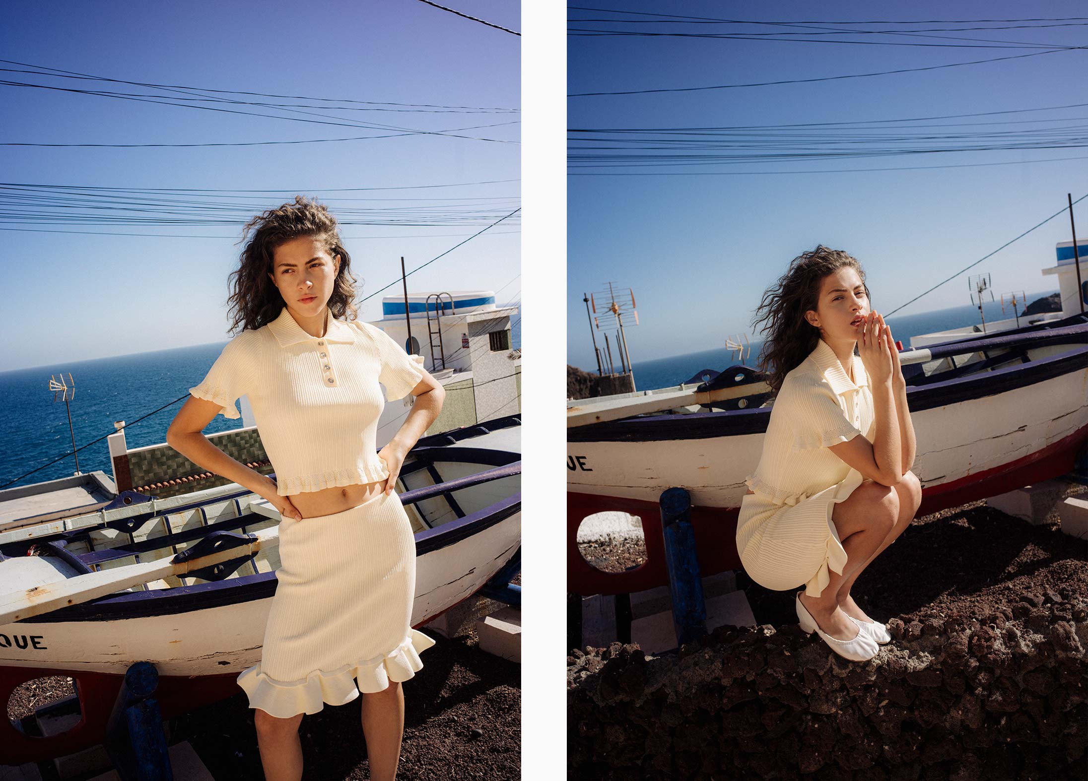 A model poses wearing Sandro in Tenerife