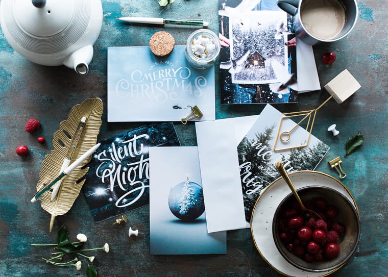 Writing materials arranged on a tabletop