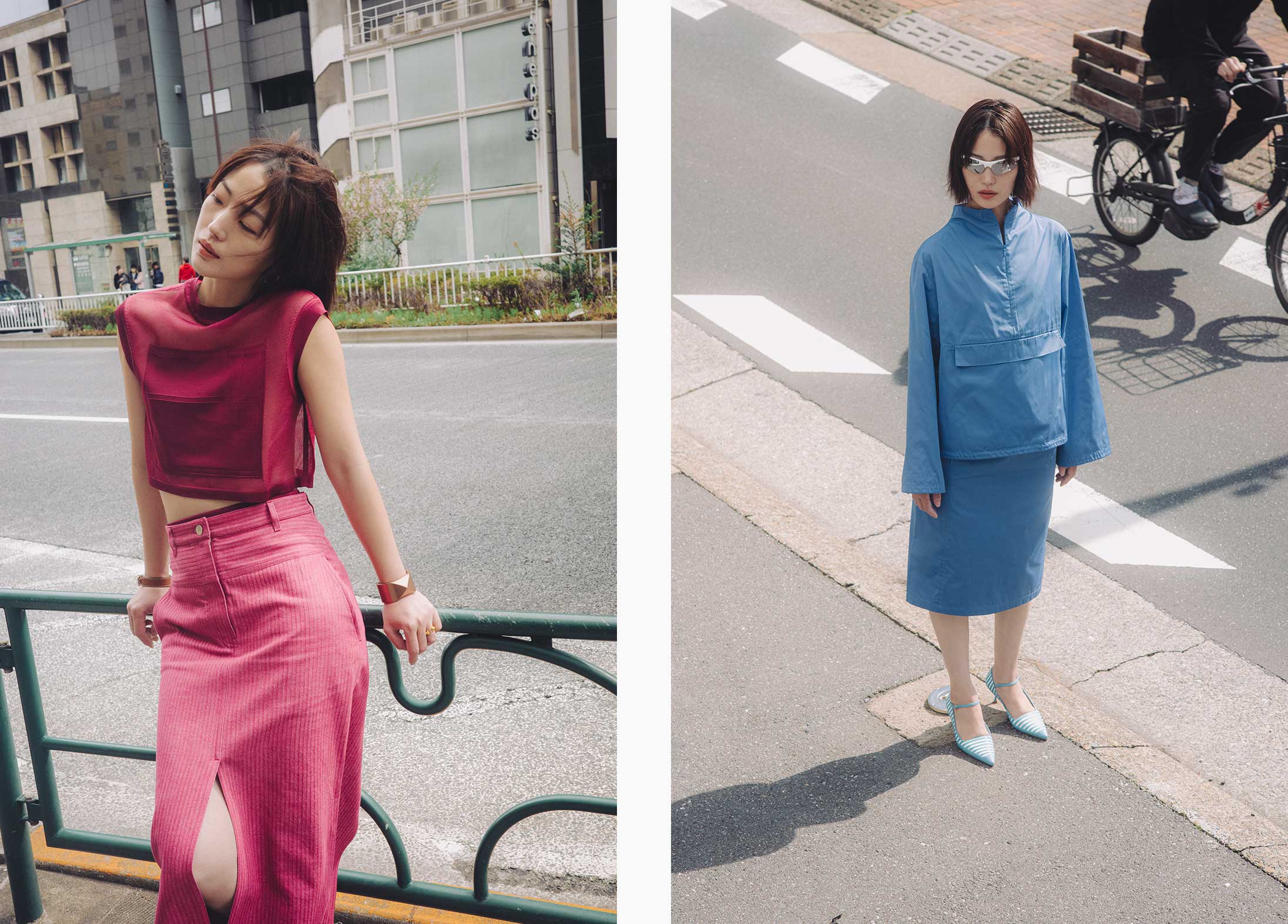 A model poses in Tokyo wearing Hermès, MAX&Co., Gucci and Manolo Blahnik