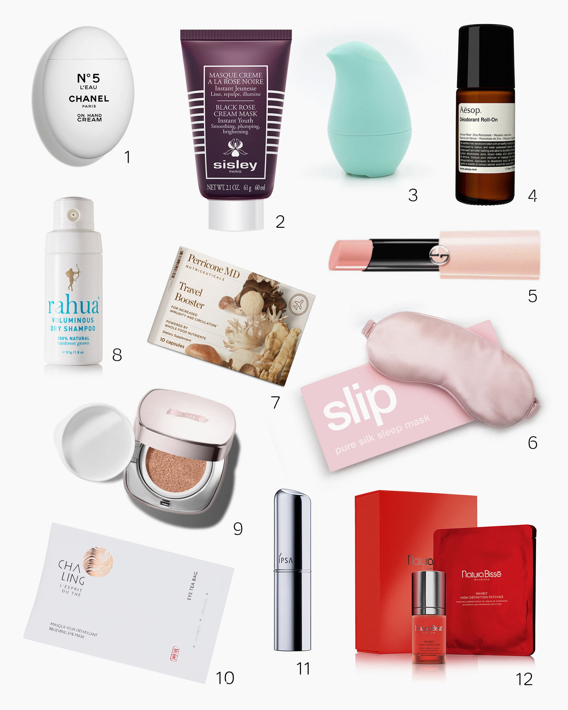 Luxury in-flight beauty travel-sized toiletries, skincare, and makeup essentials.