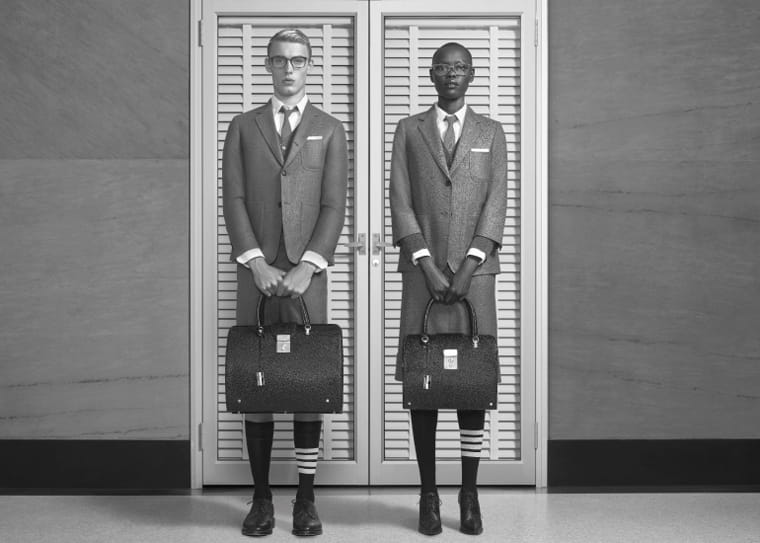Models pose in Thom Browne outfits