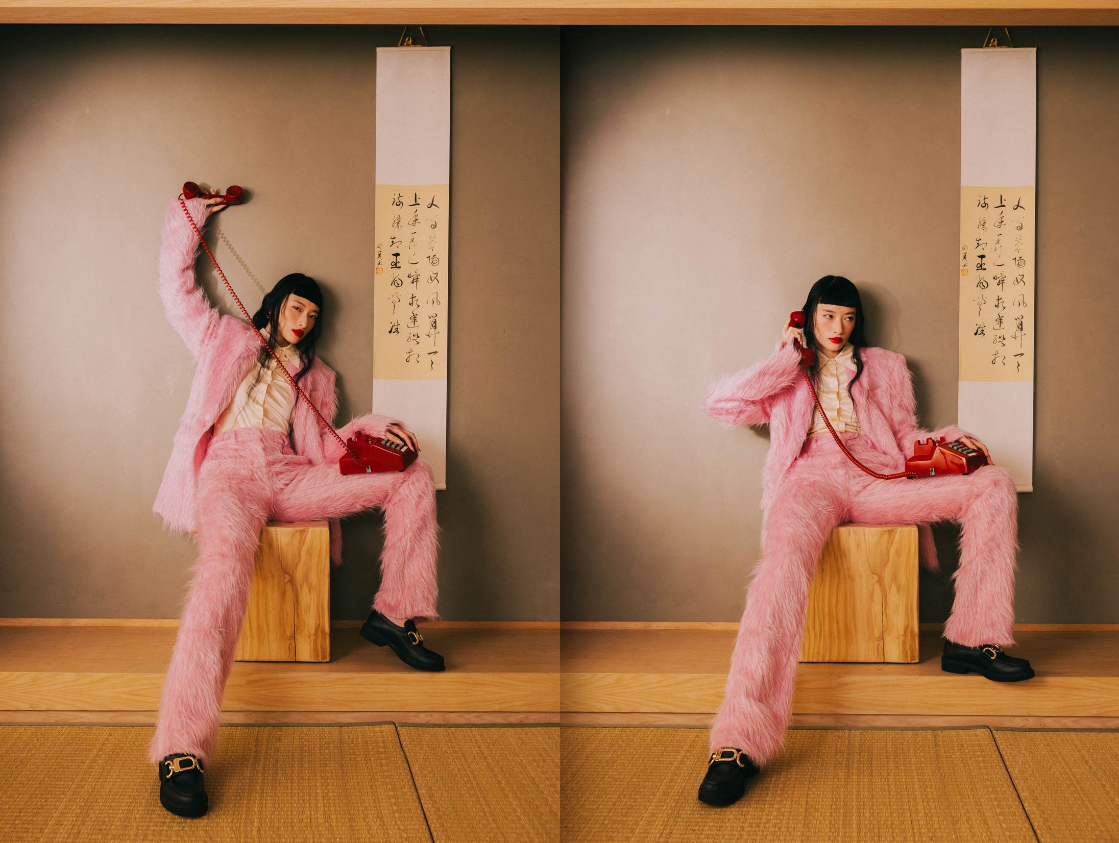 A model poses in Sportmax and Louis Vuitton